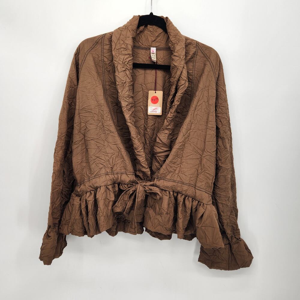 NWT Look Brown Crinkle Lagenlook Ruffled V-Neck Blazer Women's Jacket S